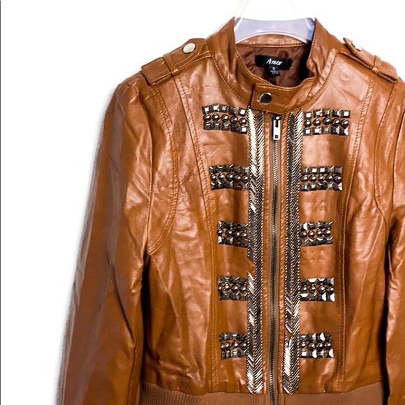 Amor Light Brown Metal Studded Pleather Jacket - Picture 2 of 11